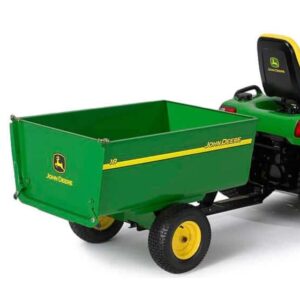 steel utility cart attached to a mower