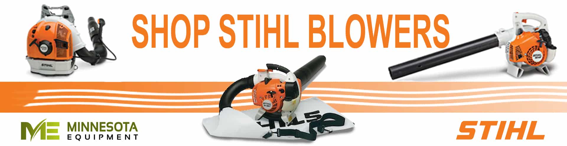A website banner features Stihl Blowers available for purchase at Minnesota Equipment and the text, "SHOP STIHL BLOWERS."