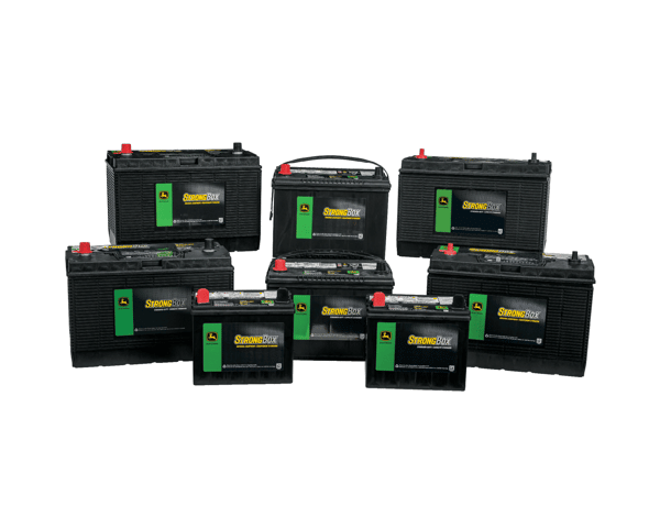 A selection of John Deere Strongbox brand batteries will keep your compact tractor running through the cold Minnesota winter.